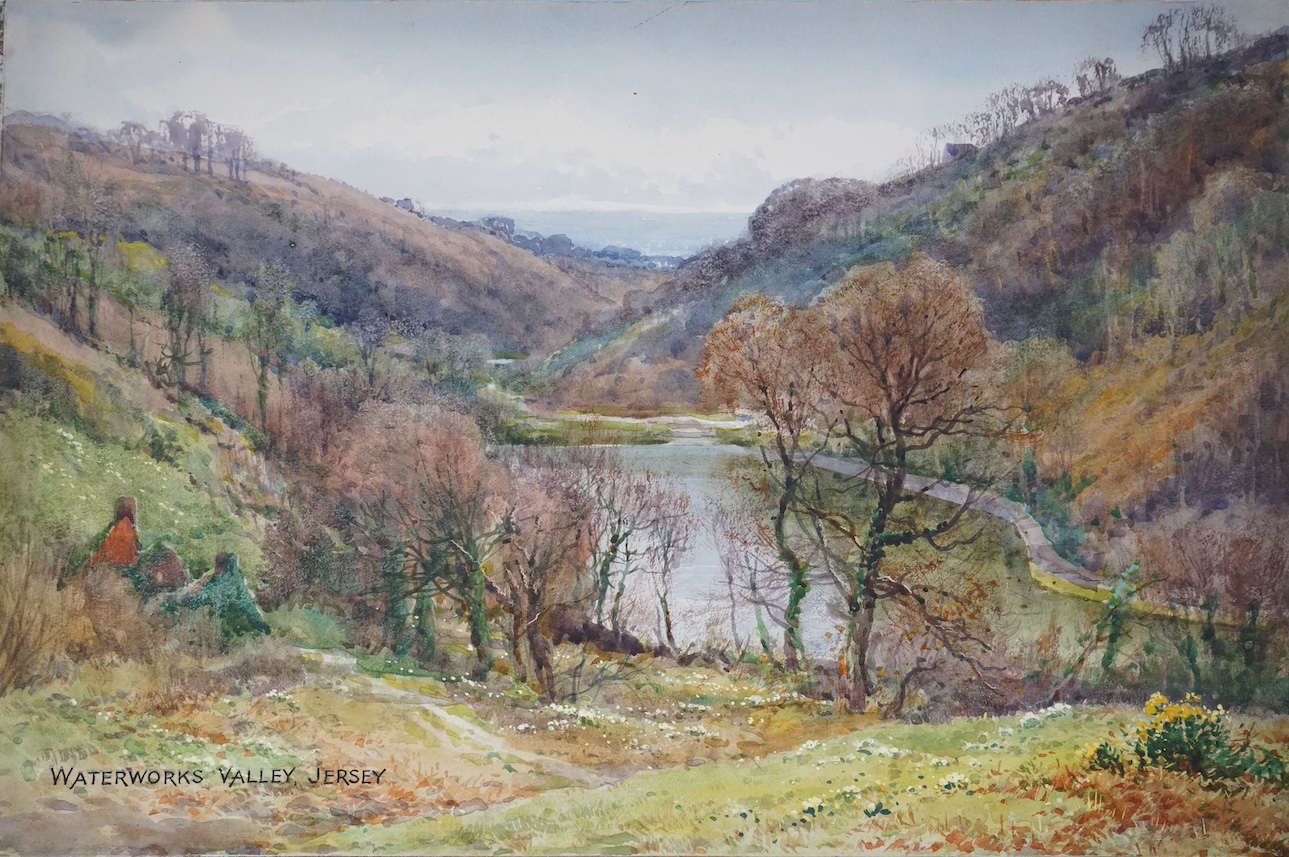 Henry John Sylvester Stannard (1870-1951), a set of three watercolours, Channel Islands; Views of Jersey and Guernsey to include Fermanagh Point and Waterworks Valley, two signed, 27 x 40cm, unframed. Condition - fair-go